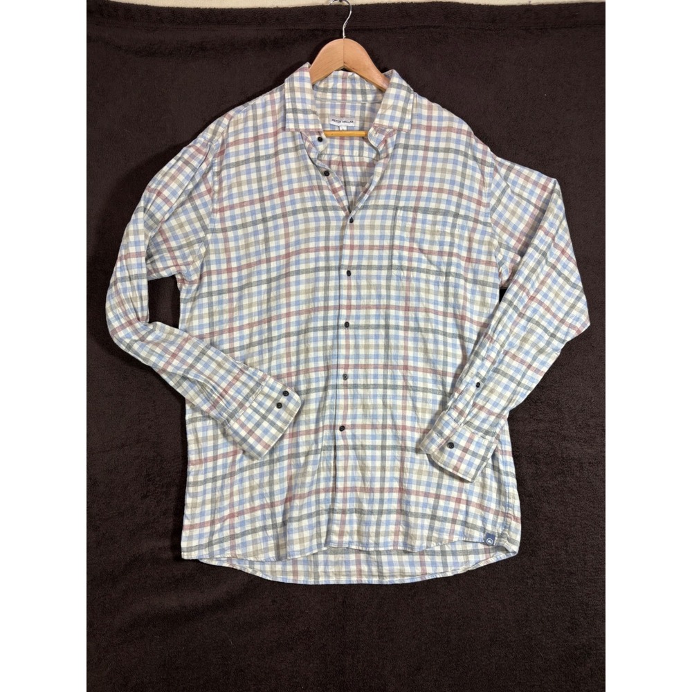 Peter Millar Mens Large Blue Red Plaid Long Sleeve 100% Cotton Button Down Shirt